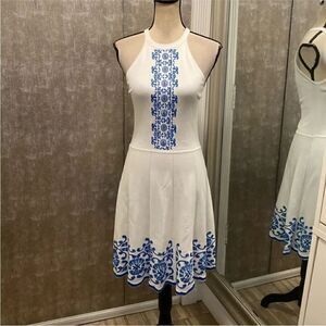 Parker White and Blue Patterned Midi Dress, S